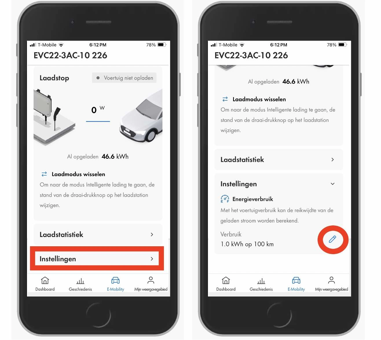 Instellingen pagina van de optie E-mobility op de SMA energy app