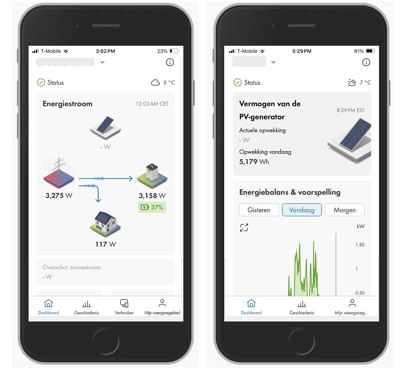 Dashboard van de SMA Energy app: links van een installatie met Home Manager en batterijen, rechts van een simpele installatie zonder Home Manager