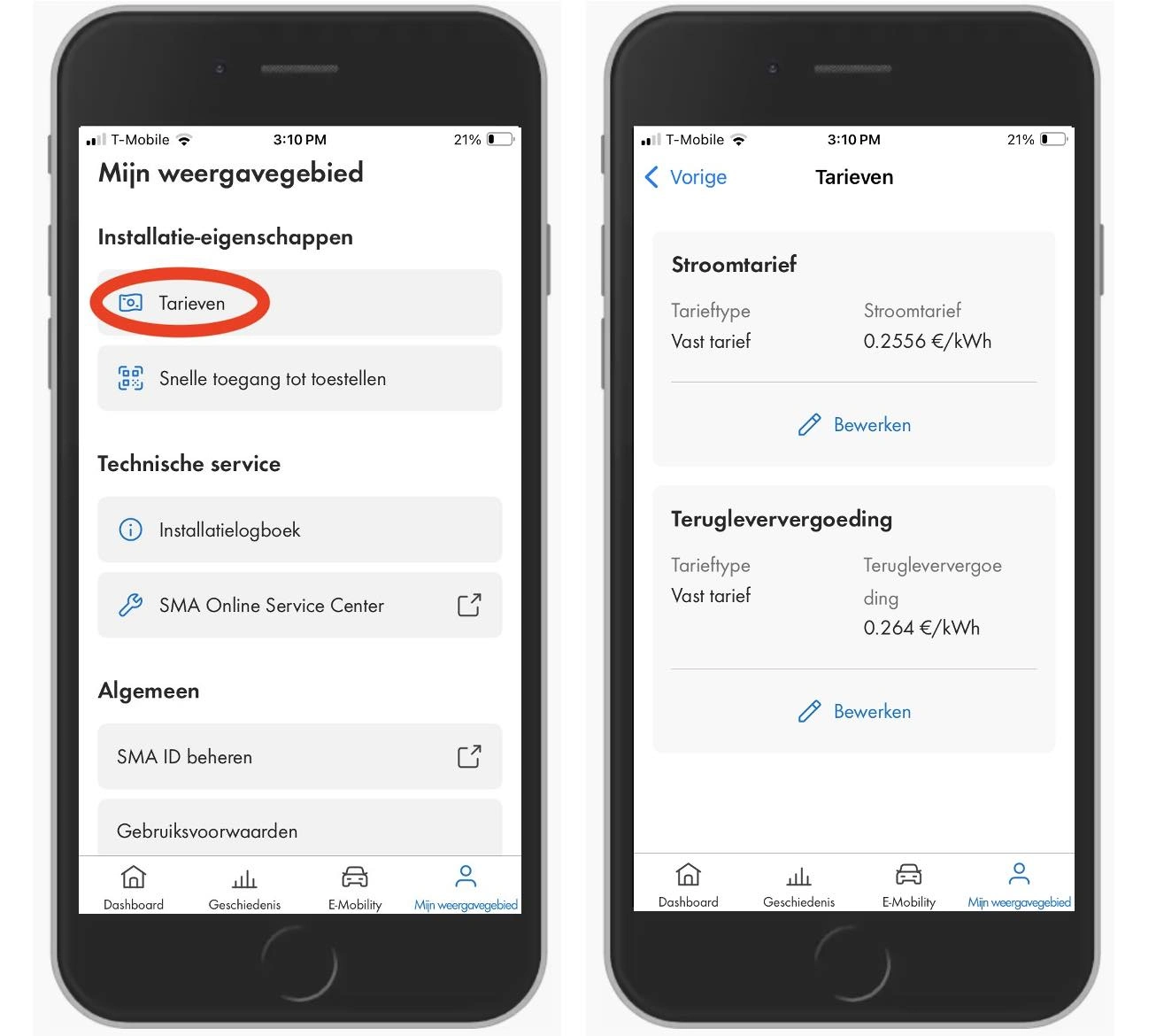 Screenshots van de pagina 'mijn weergavegebied' in de SMA Energy app