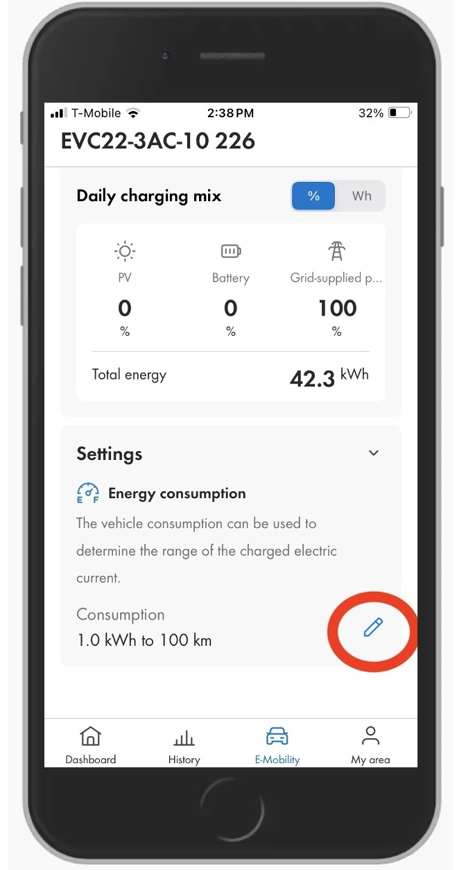 Locating how to change the setting for kWh per 100km on SMA Energy app