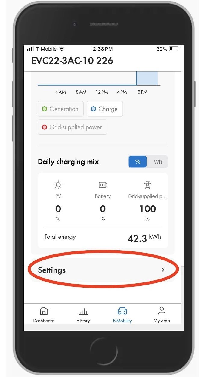 Locating the 'settings' option for the car charger on the SMA Energy app
