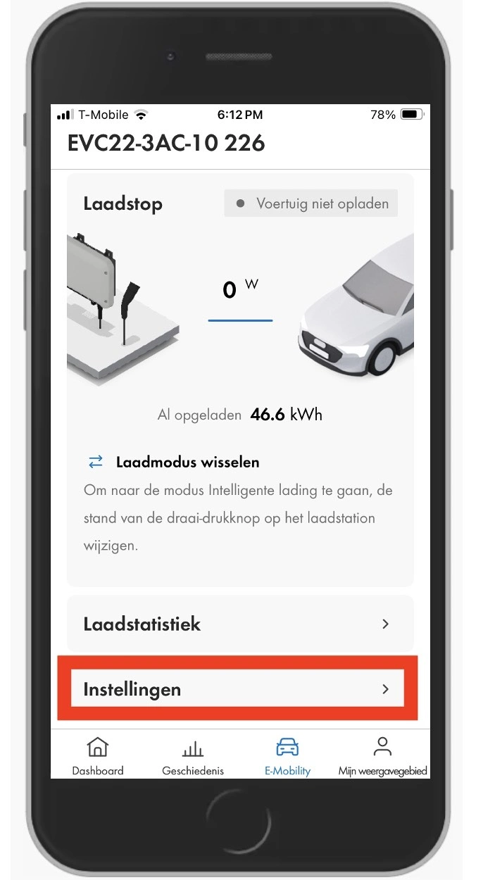 Waar u de 'Instellingen' kunt vinden op de SMA Energy app