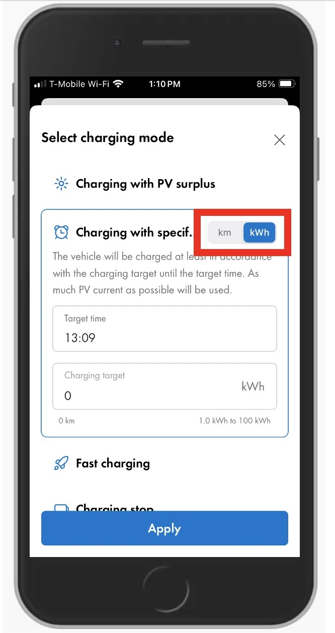 How to switch between distance and energy on SMA Energy app