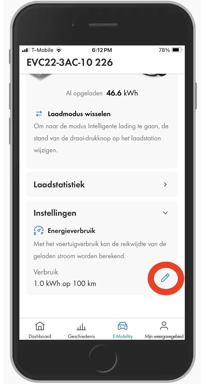 Waar u op moet klikken om de hoeveelheid kWh per 100 km te wijzigen in de SMA Energy app