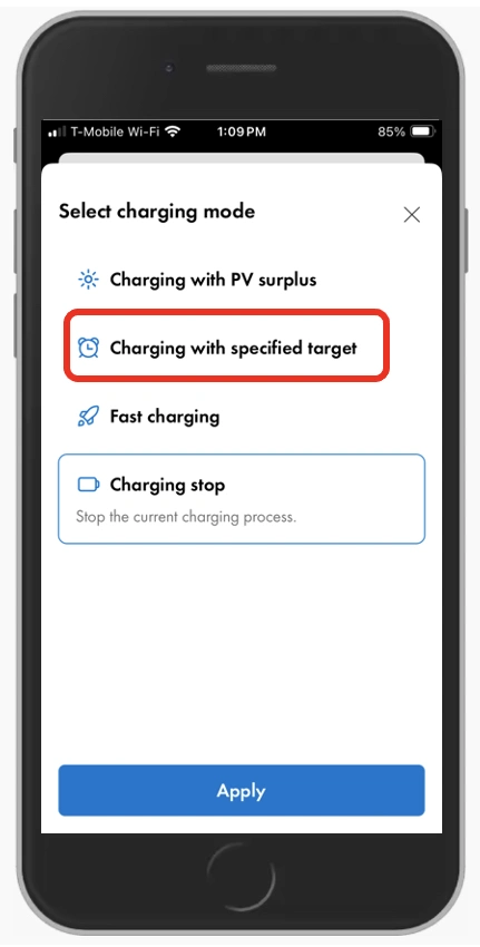 The options for intelligent charging on the SMA Energy App
