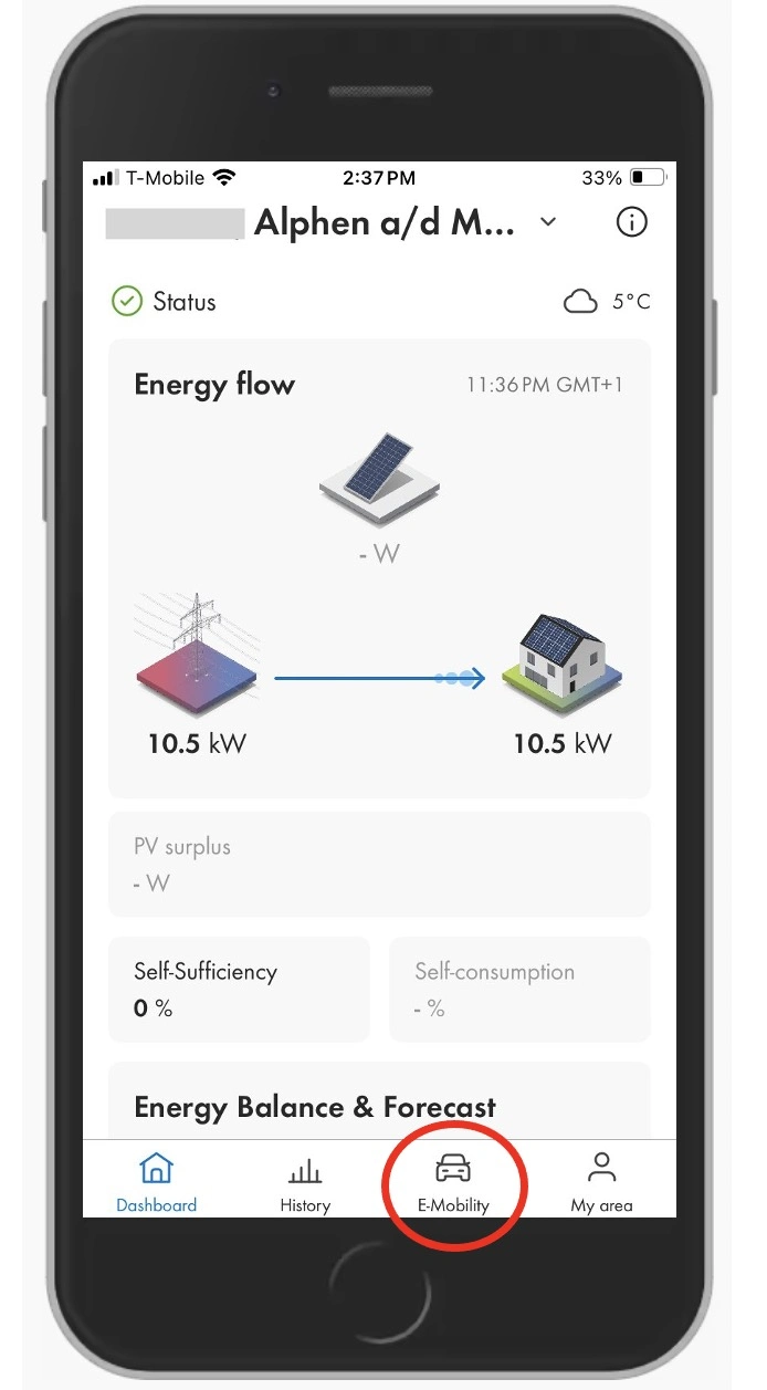 Dashboard van uw SMA Energy App met de e-mobility optie in een rode cirkel