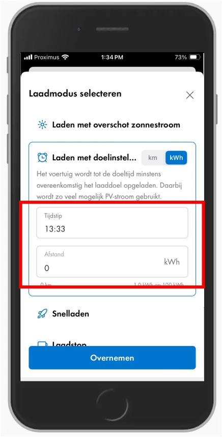 SMA Energy App met de opties voor het kiezen van het laaddoel voor de EV charger
