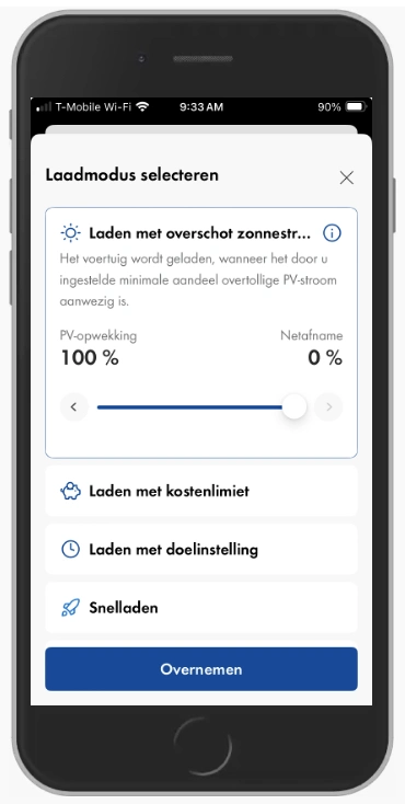 Screenshot van de Energy app met percentage PV stroom voor laden