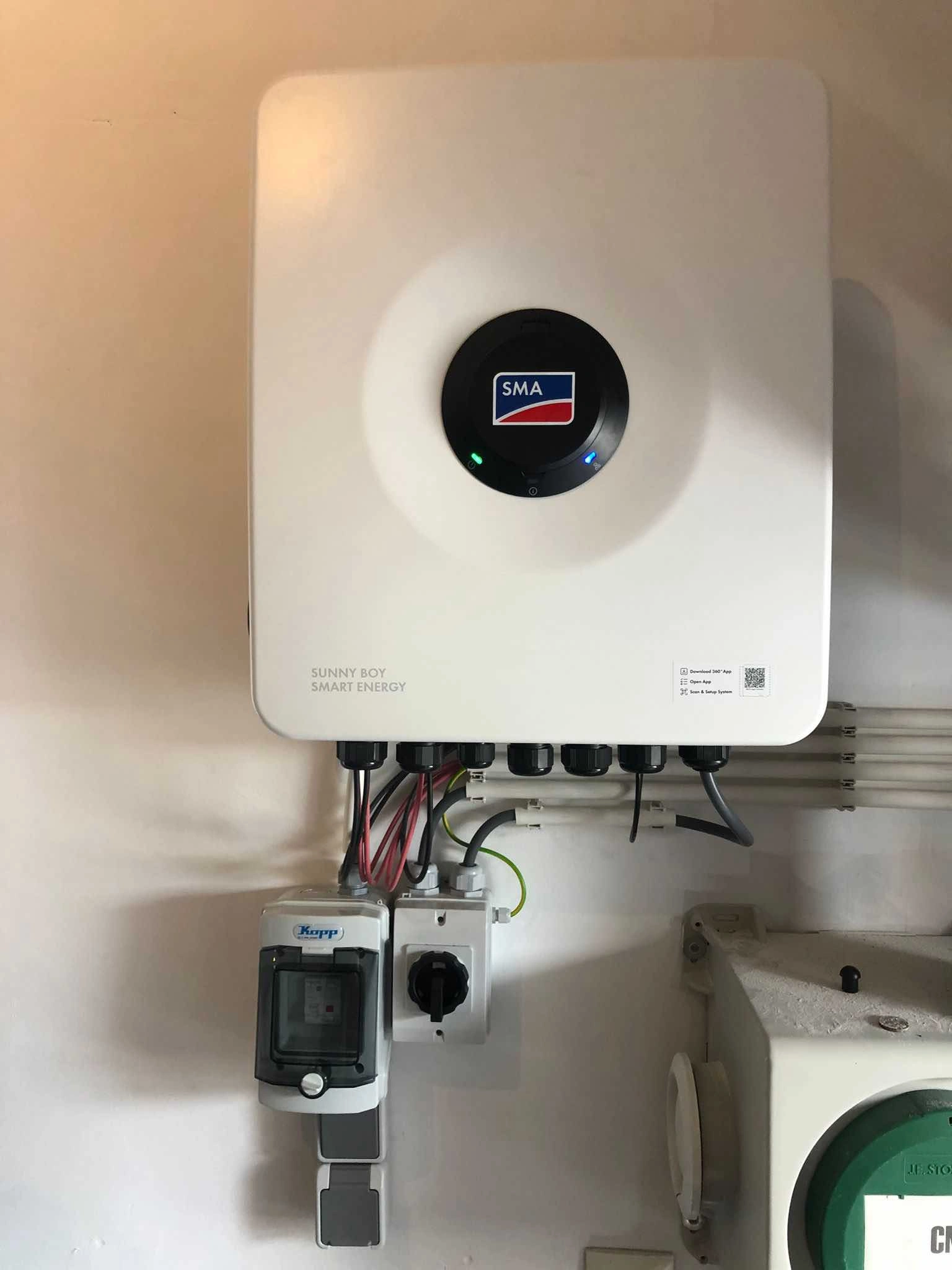 SMA Sunny Boy Smart Energy inverter with two additional sockets at the bottom left