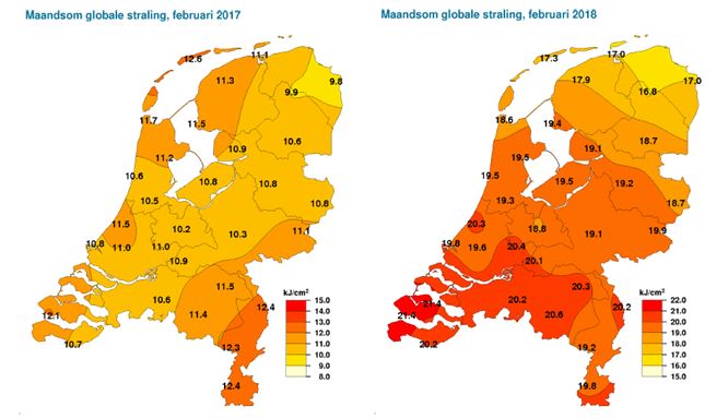 instraling februari 2017 en 2018